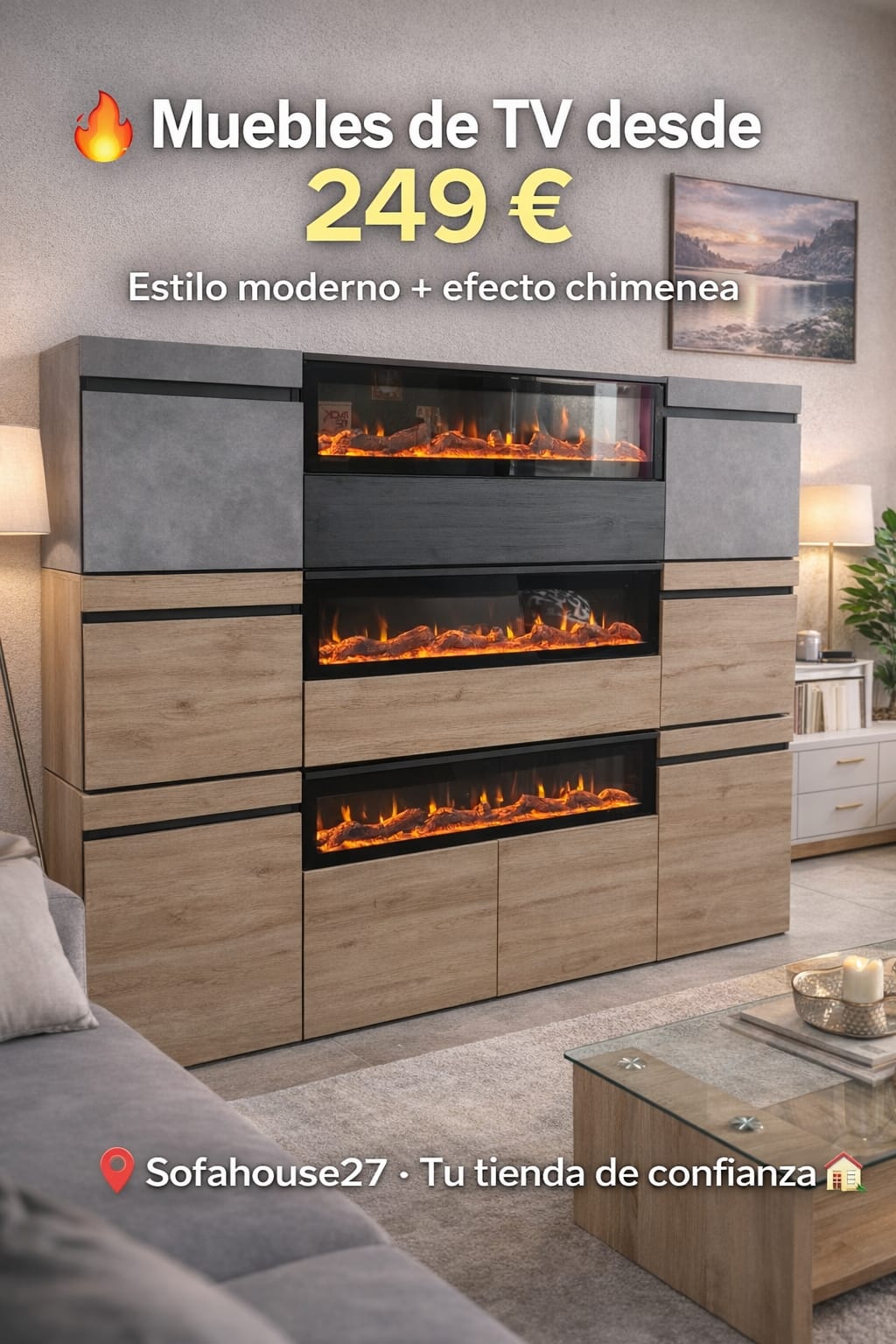Mueble tv efecto chimenea